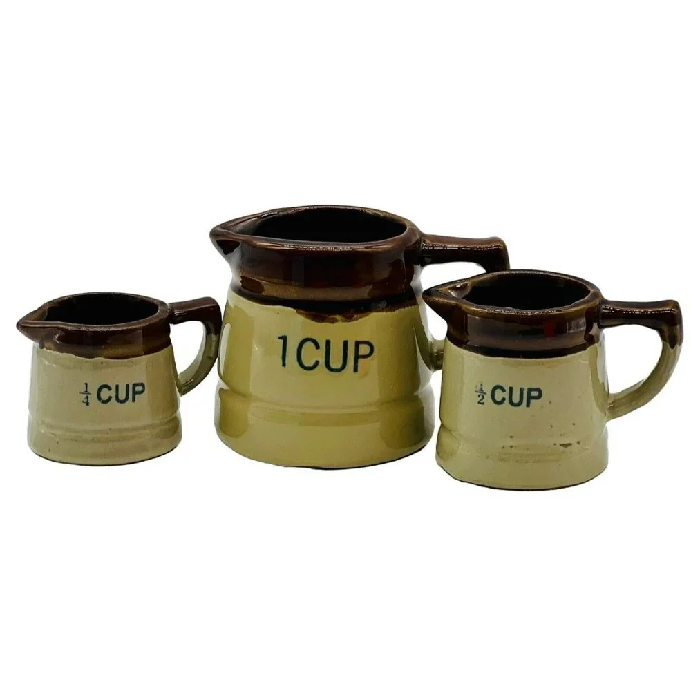 Vintage Stoneware Crock Pitcher Measuring‎ Cup Set of 3 Brown Drip Redware